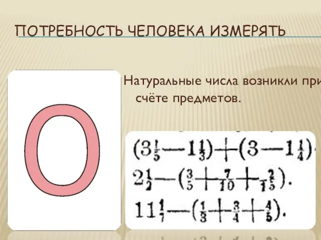 ПОТРЕБНОСТЬ ЧЕЛОВЕКА ИЗМЕРЯТЬ Натуральные числа возникли при счёте предметов.