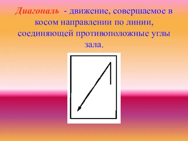 Диагональ - движение, совершаемое в косом направлении по линии, соединяющей противоположные углы зала.