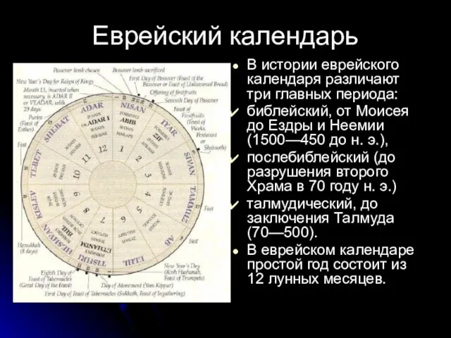 Еврейский календарь В истории еврейского календаря различают три главных периода: библейский, от