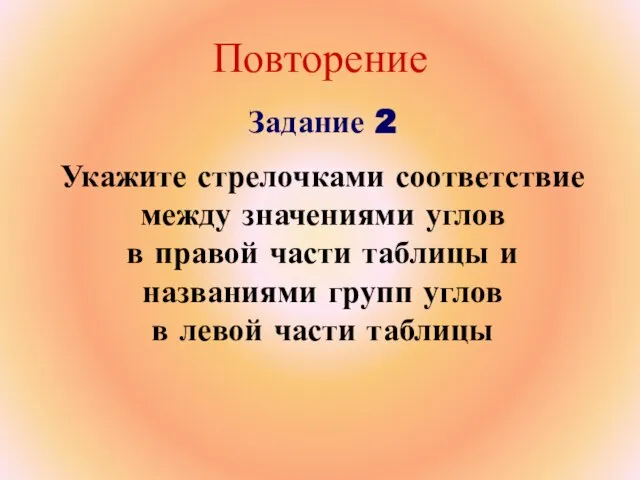 Повторение Задание 2 Укажите стрелочками соответствие между значениями углов в правой части