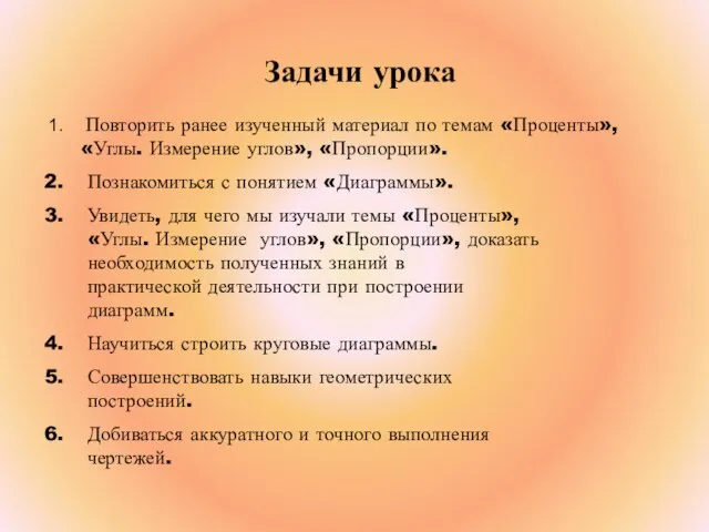 Задачи урока Повторить ранее изученный материал по темам «Проценты», «Углы. Измерение углов»,