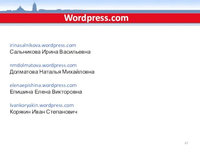 Wordpress.com irinasalnikova.wordpress.com Сальникова Ирина Васильевна nmdolmatova.wordpress.com Долматова Наталья Михайловна elenaepishina.wordpress.com Епишина Елена