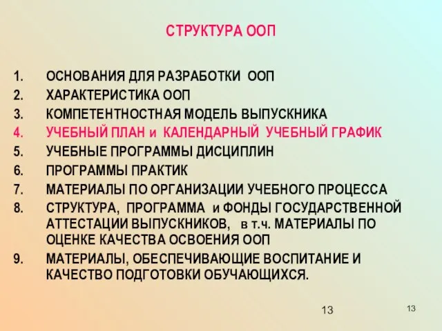 СТРУКТУРА ООП ОСНОВАНИЯ ДЛЯ РАЗРАБОТКИ ООП ХАРАКТЕРИСТИКА ООП КОМПЕТЕНТНОСТНАЯ МОДЕЛЬ ВЫПУСКНИКА УЧЕБНЫЙ