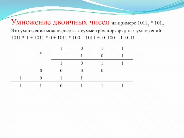 Умножение двоичных чисел на примере 10112 * 1012 Это умножение можно свести