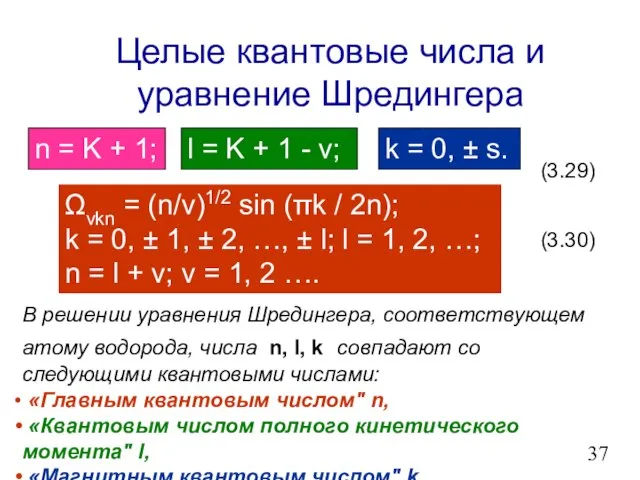 Целые квантовые числа и уравнение Шредингера Ωνkn = (n/ν)1/2 sin (πk /