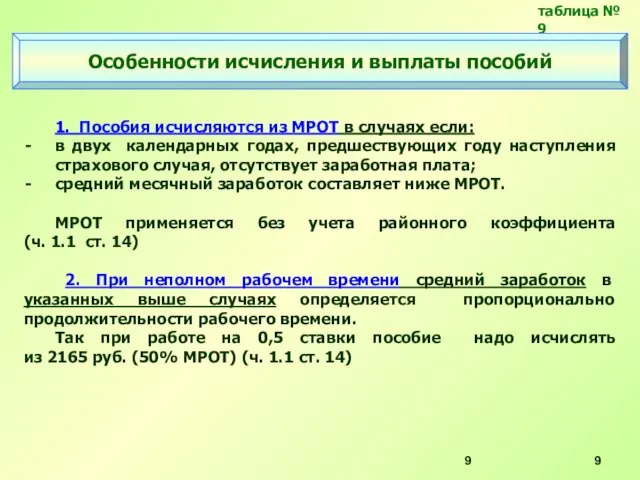 таблица № 9 Особенности исчисления и выплаты пособий 1. Пособия исчисляются из