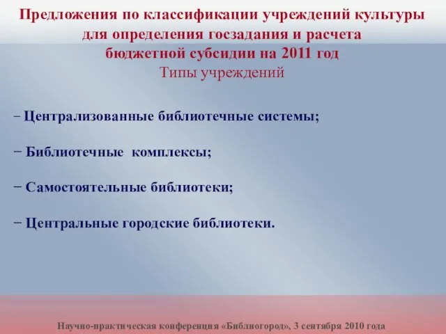 − Централизованные библиотечные системы; − Библиотечные комплексы; − Самостоятельные библиотеки; − Центральные