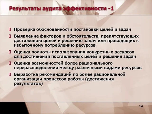 Результаты аудита эффективности -1 Проверка обоснованности постановки целей и задач Выявление факторов