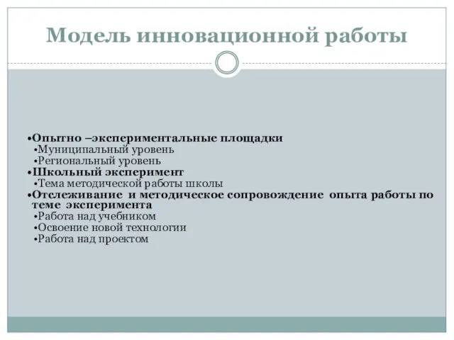 Модель инновационной работы Опытно –экспериментальные площадки Муниципальный уровень Региональный уровень Школьный эксперимент