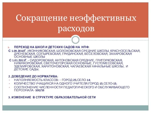 ПЕРЕХОД НА ШКОЛ И ДЕТСКИХ САДОВ НА НПФ: С 1.09.2010Г. ИКОННИКОВСКАЯ, ШОЛОХОВСКАЯ