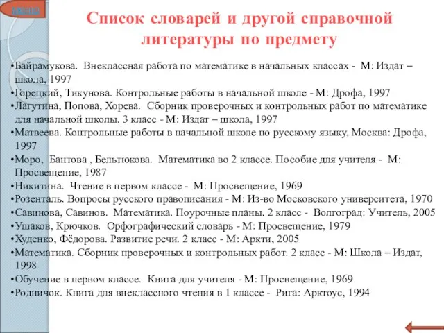 Список словарей и другой справочной литературы по предмету меню Байрамукова. Внеклассная работа