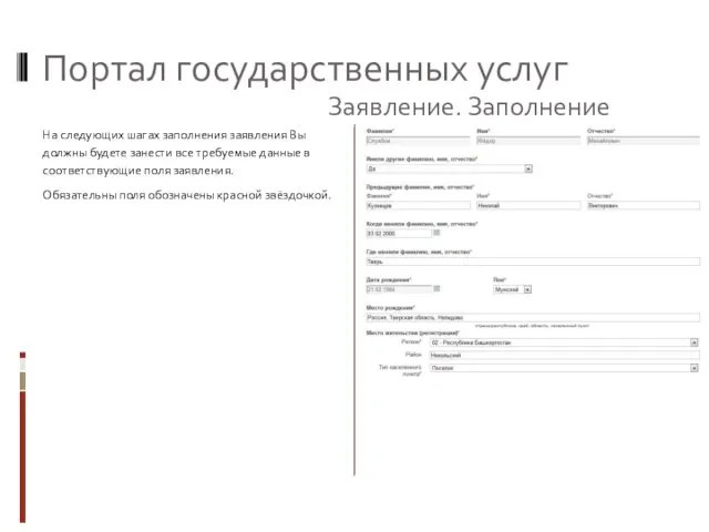 Портал государственных услуг На следующих шагах заполнения заявления Вы должны будете занести