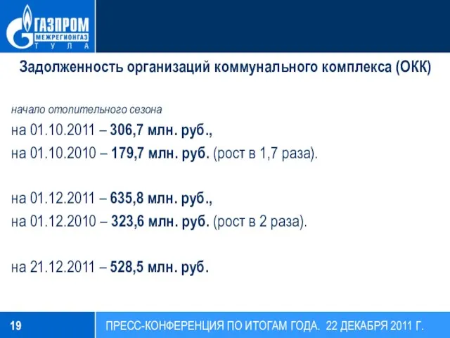Задолженность организаций коммунального комплекса (ОКК) начало отопительного сезона на 01.10.2011 – 306,7