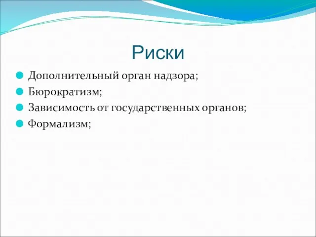 Риски Дополнительный орган надзора; Бюрократизм; Зависимость от государственных органов; Формализм;