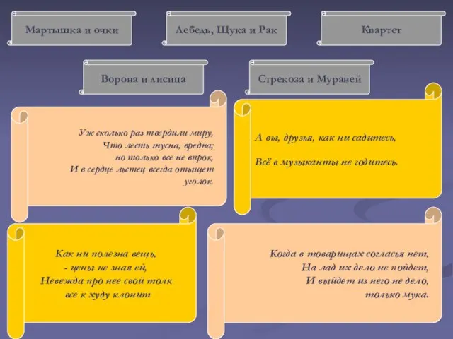 Когда в товарищах согласья нет, На лад их дело не пойдет, И