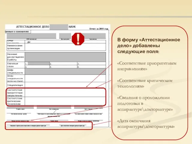 В форму «Аттестационное дело» добавлены следующие поля: «Соответствие приоритетным направлениям» «Соответствие критическим