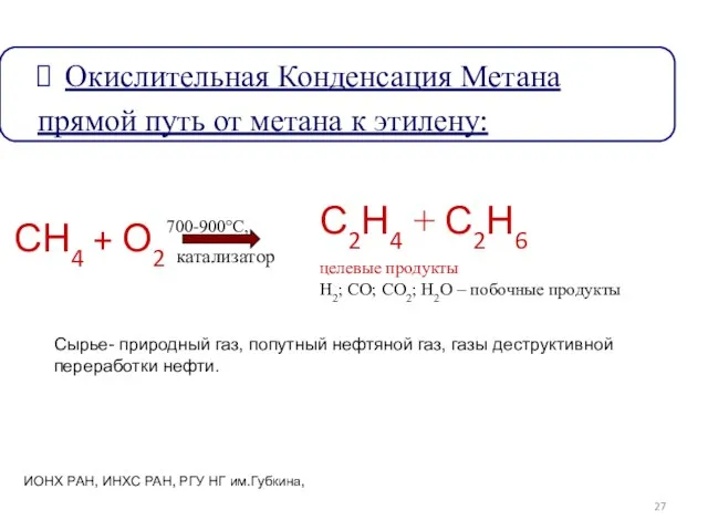 Окислительная Конденсация Метана прямой путь от метана к этилену: С2Н4 + С2Н6