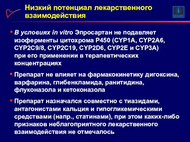 В условиях in vitro Эпросартан не подавляет изоферменты цитохрома Р450 (CYP1A, CYP2A6,