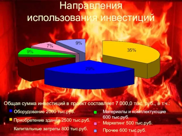 Направления использования инвестиций Общая сумма инвестиций в проект составляет 7 000,0 тыс.