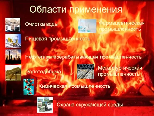 Области применения Очистка воды Пищевая промышленность Нефтегазоперерабатывающая промышленность Фармацевтическая промышленность Золотодобыча Металлургическая