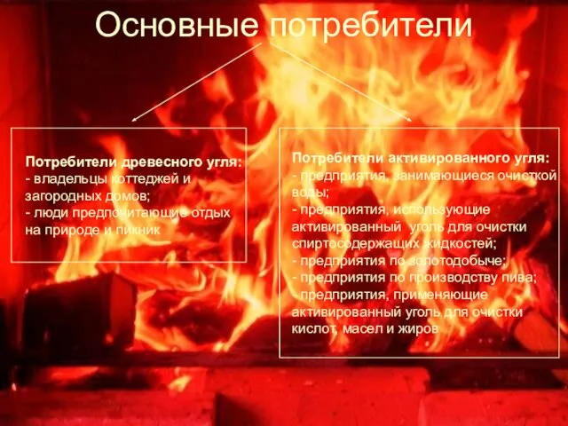 Основные потребители Потребители древесного угля: - владельцы коттеджей и загородных домов; -