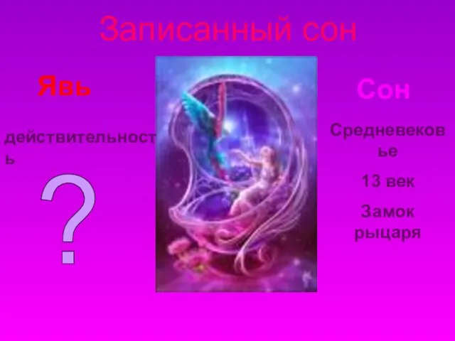 Записанный сон Явь Сон ? Средневековье 13 век Замок рыцаря действительность