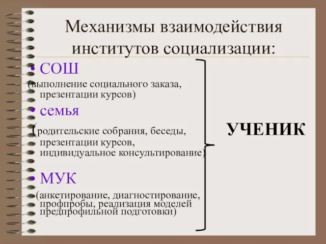 Механизмы взаимодействия институтов социализации: СОШ (выполнение социального заказа, презентации курсов) семья (родительские