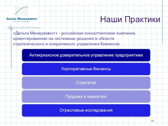 Наши Практики «Дельта Менеджмент» - российская консалтинговая компания, ориентированная на системные решения