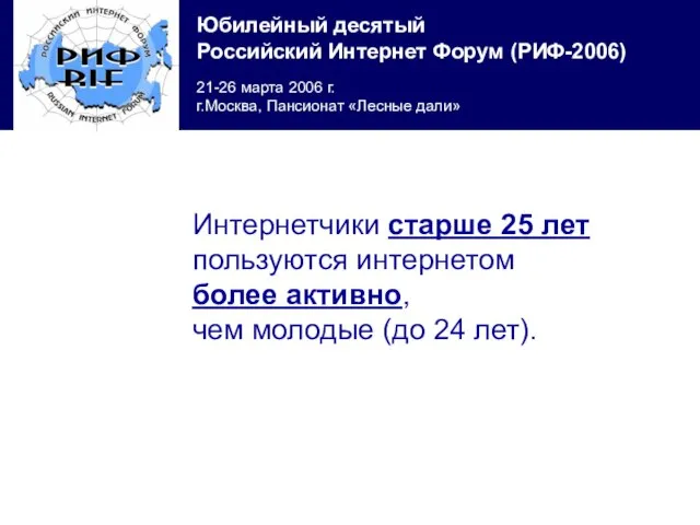 Интернетчики старше 25 лет пользуются интернетом более активно, чем молодые (до 24 лет).