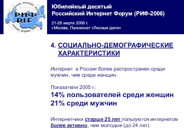 4. СОЦИАЛЬНО-ДЕМОГРАФИЧЕСКИЕ ХАРАКТЕРИСТИКИ Интернет в России более распространен среди мужчин, чем среди