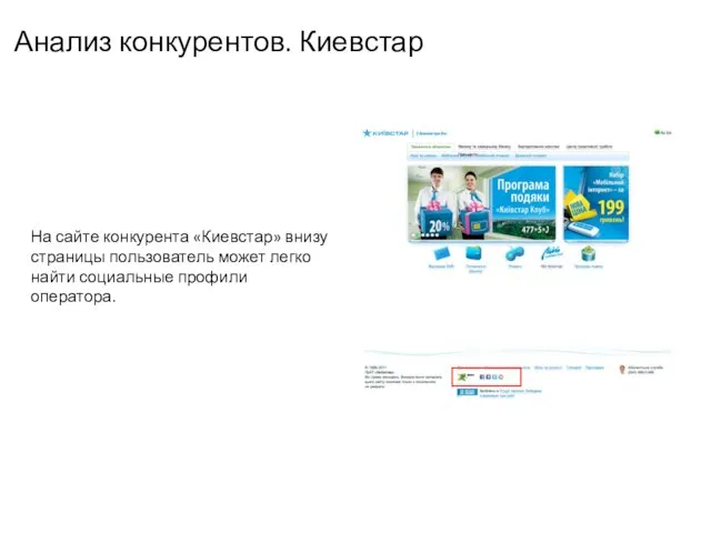 Анализ конкурентов. Киевстар На сайте конкурента «Киевстар» внизу страницы пользователь может легко найти социальные профили оператора.