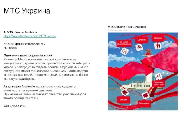 МТС Украина 1. MTS Ukraine facebook https://www.facebook.com/MTSUkraine Кол-во фанов facebook: 287 FEI: