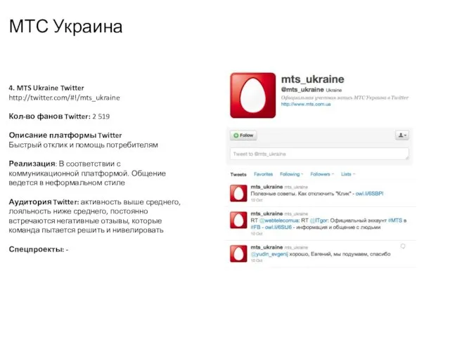 МТС Украина 4. MTS Ukraine Twitter http://twitter.com/#!/mts_ukraine Кол-во фанов Twitter: 2 519