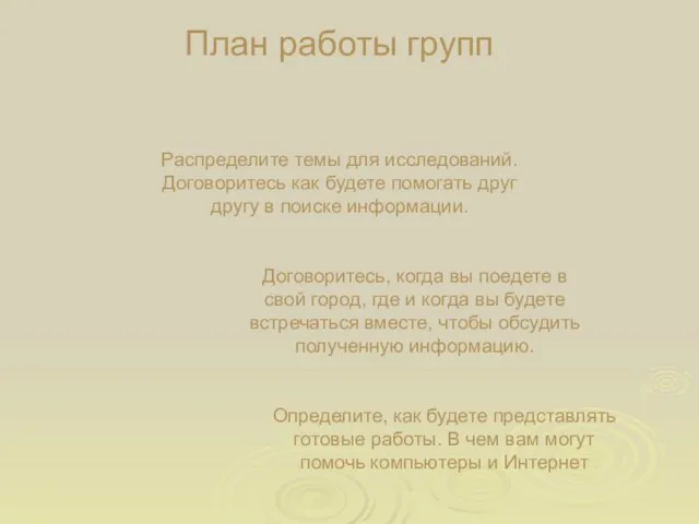 План работы групп Распределите темы для исследований. Договоритесь как будете помогать друг