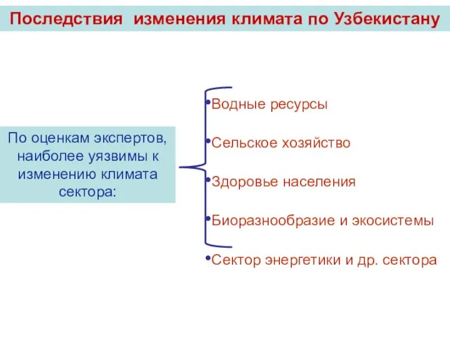 По оценкам экспертов, наиболее уязвимы к изменению климата сектора: Водные ресурсы Сельское