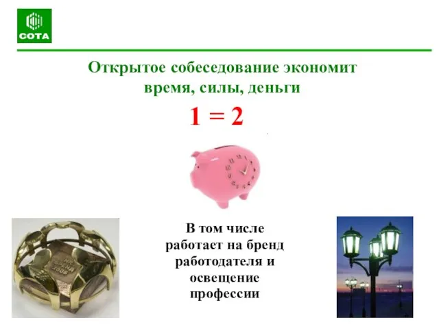 Открытое собеседование экономит время, силы, деньги 1 = 2 В том числе