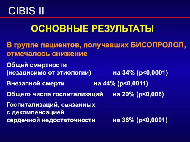 ОСНОВНЫЕ РЕЗУЛЬТАТЫ В группе пациентов, получавших БИСОПРОЛОЛ, отмечалось снижение Общей смертности (независимо