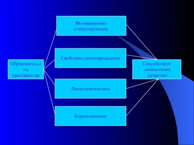 Образовательное пространство Мотивационно-стимулирующее. Свободное самоопределение Пропедевтическое Коррекционное Способствует личностному развитию