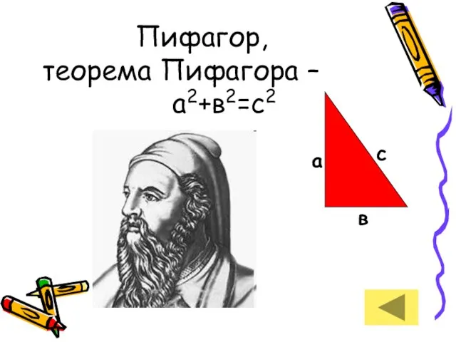 Пифагор, теорема Пифагора – а2+в2=с2 с а в