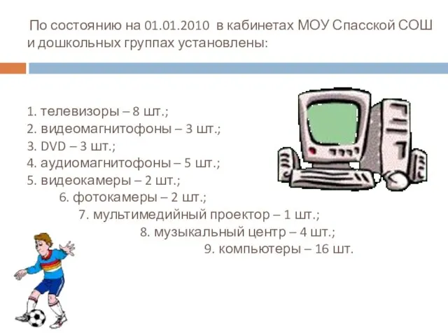 По состоянию на 01.01.2010 в кабинетах МОУ Спасской СОШ и дошкольных группах