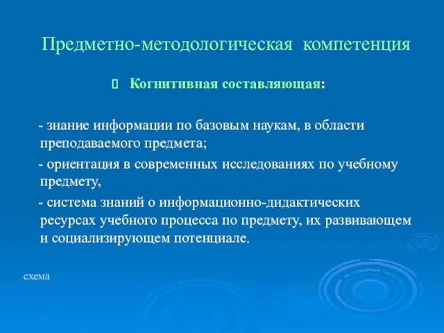 Предметно-методологическая компетенция Когнитивная составляющая: - знание информации по базовым наукам, в области