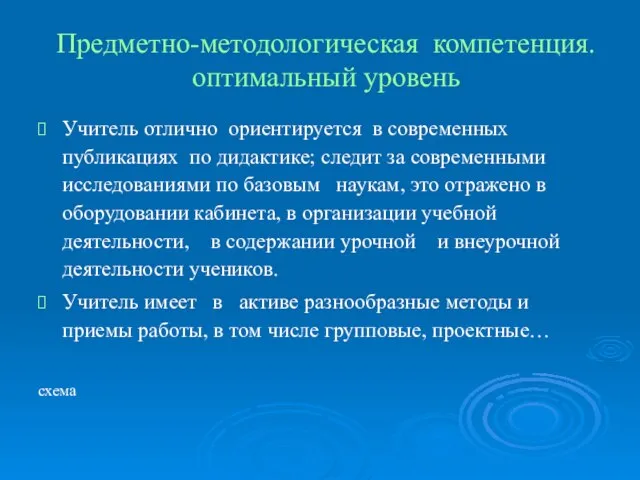 Предметно-методологическая компетенция. оптимальный уровень Учитель отлично ориентируется в современных публикациях по дидактике;