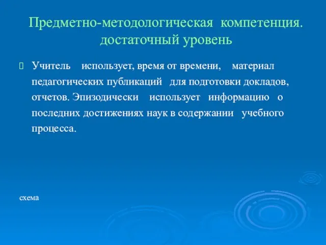 Предметно-методологическая компетенция. достаточный уровень Учитель использует, время от времени, материал педагогических публикаций