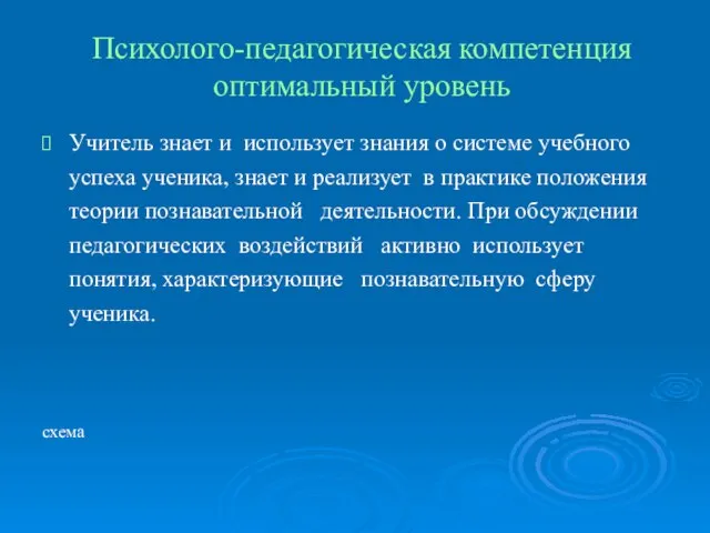 Психолого-педагогическая компетенция оптимальный уровень Учитель знает и использует знания о системе учебного