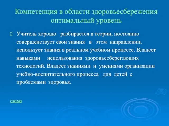 Компетенция в области здоровьесбережения оптимальный уровень Учитель хорошо разбирается в теории, постоянно