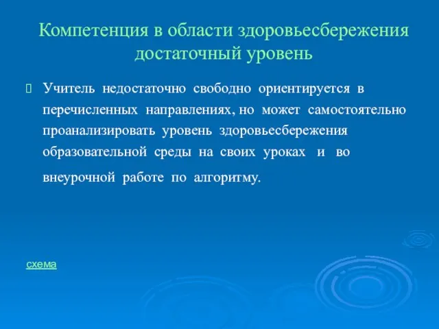 Компетенция в области здоровьесбережения достаточный уровень Учитель недостаточно свободно ориентируется в перечисленных