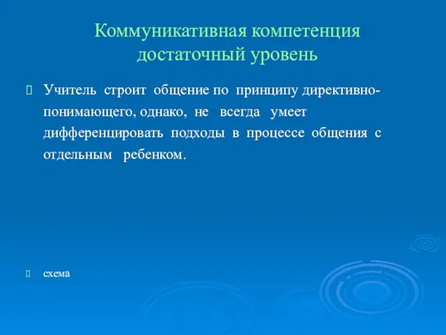 Коммуникативная компетенция достаточный уровень Учитель строит общение по принципу директивно-понимающего, однако, не