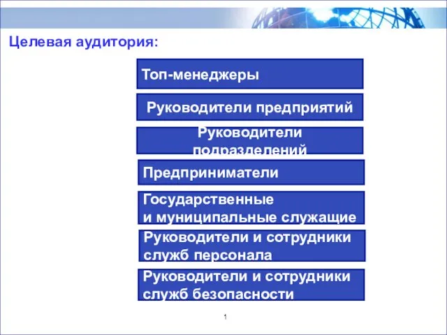 Целевая аудитория: 1 Руководители подразделений Государственные и муниципальные служащие Руководители и сотрудники