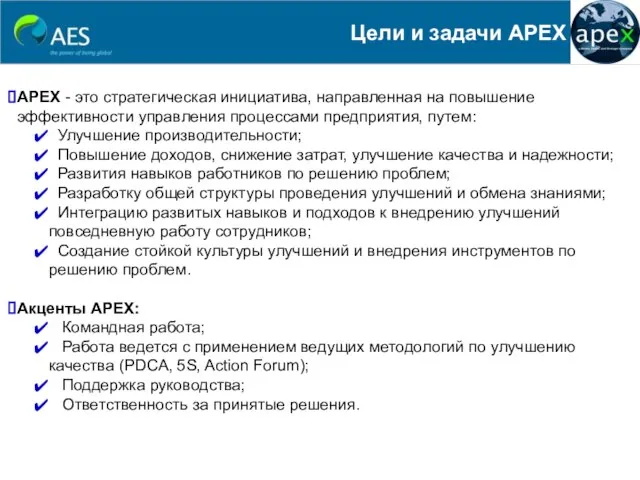 APEX - это стратегическая инициатива, направленная на повышение эффективности управления процессами предприятия,