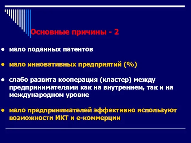 Основные причины - 2 мало поданных патентов мало инновативных предприятий (%) слабо